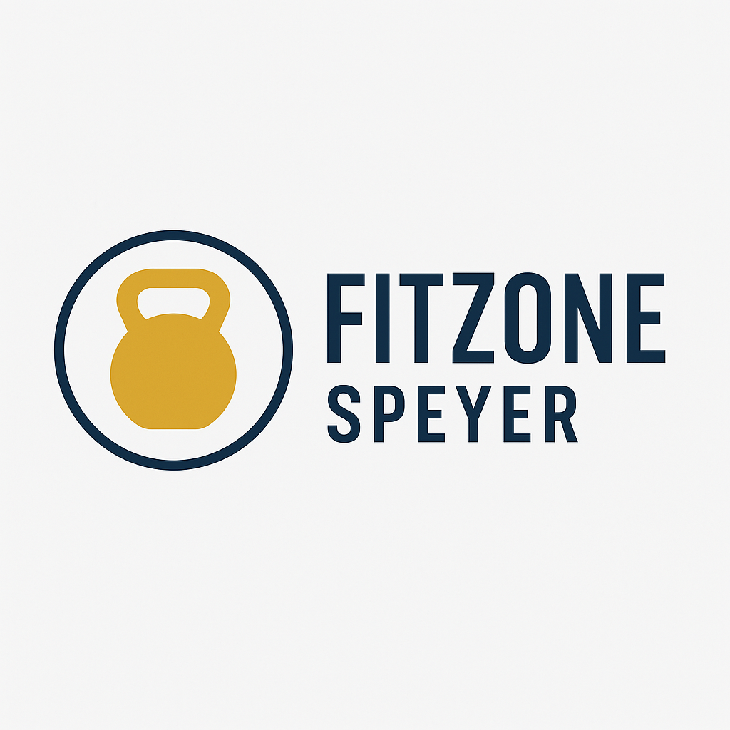 Logo von Fitzone Speyer.  Logo in Gold mit blauen Kreis, Titel  daneben.