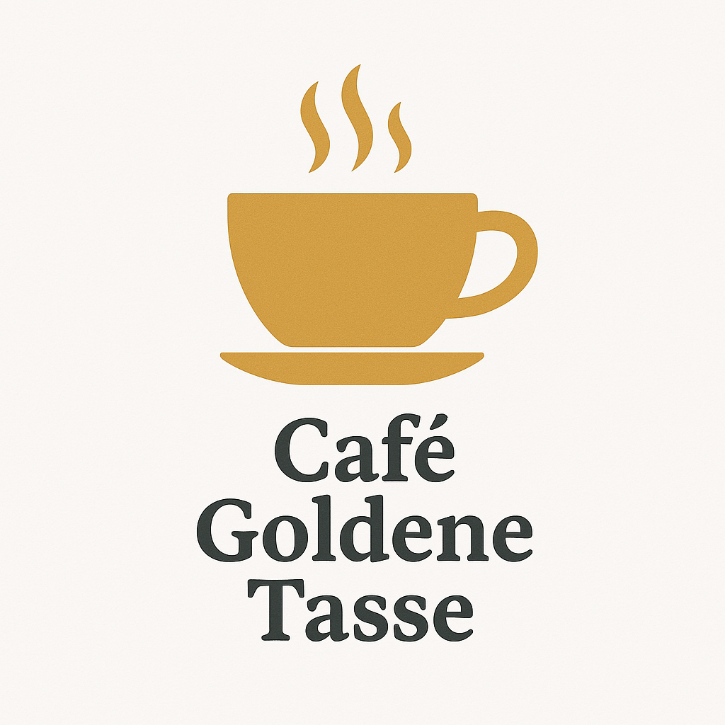 Logo von Cafe Goldene Tasse. Cafe Logo in in Gold mit Titel unten.