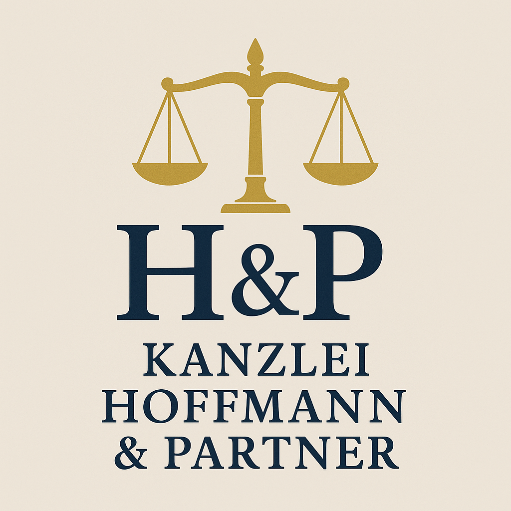 Logo von Kanzlerei Hoffmann & Partner.  Logo in Gold, Titel darunter.